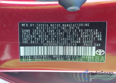 2016 Toyota Corolla Le from USA, damaged, VIN 5YFBURHE3GP500249